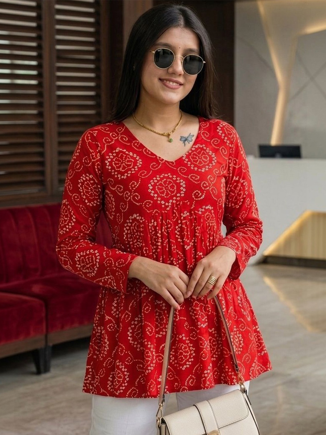 Vastrakaya Bandhani Printed V-Neck Pure Cotton Blend Empire Kurti