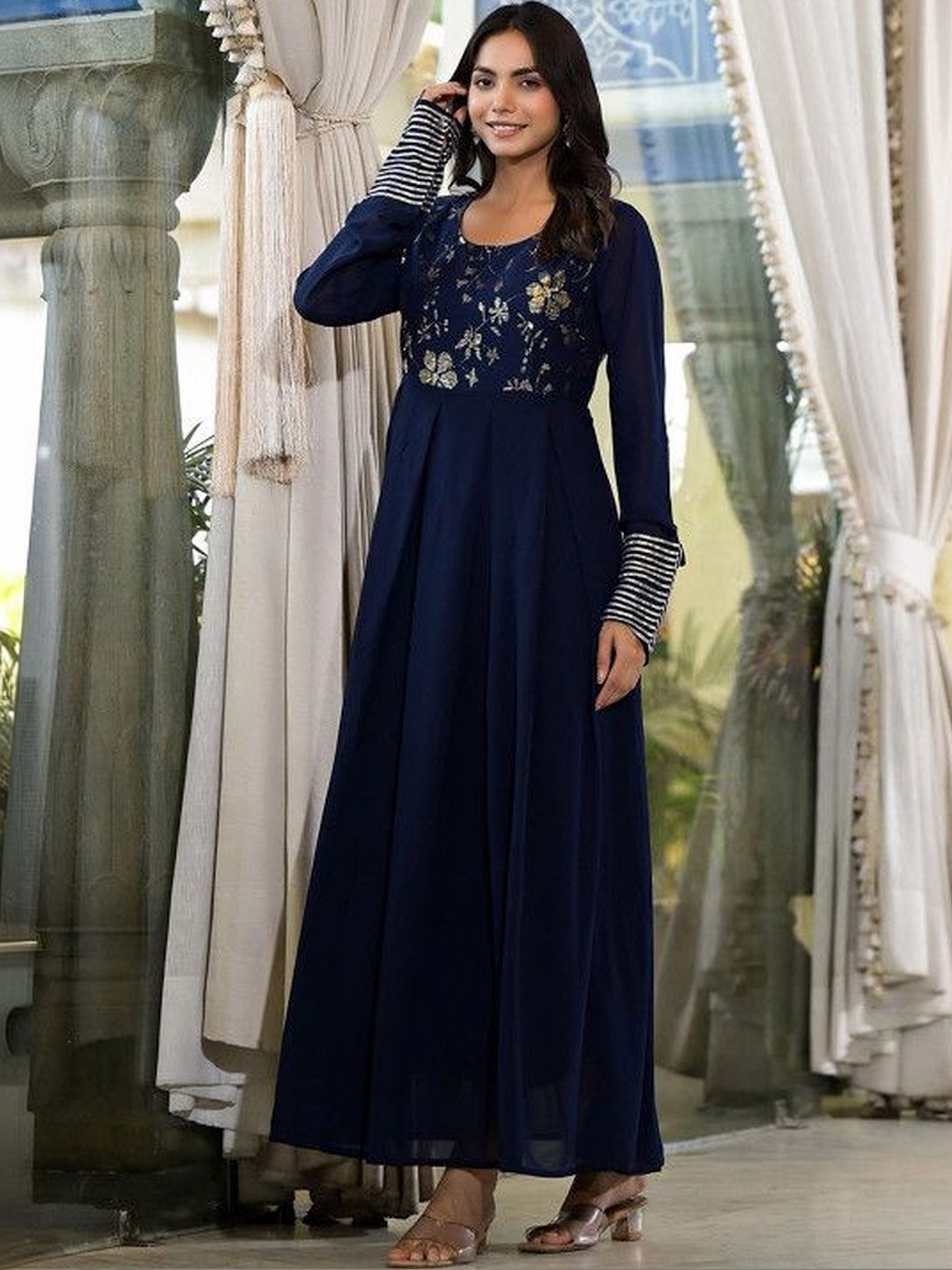 Sangria Embroidered Round Neck A-Line Ethnic Dresses