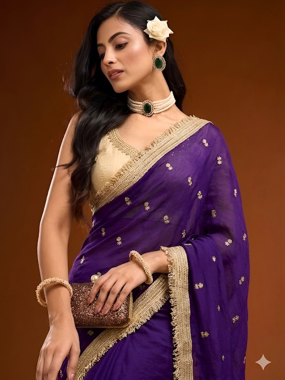 VRAGI Embellished Embroidered Satin Heavy Work Saree