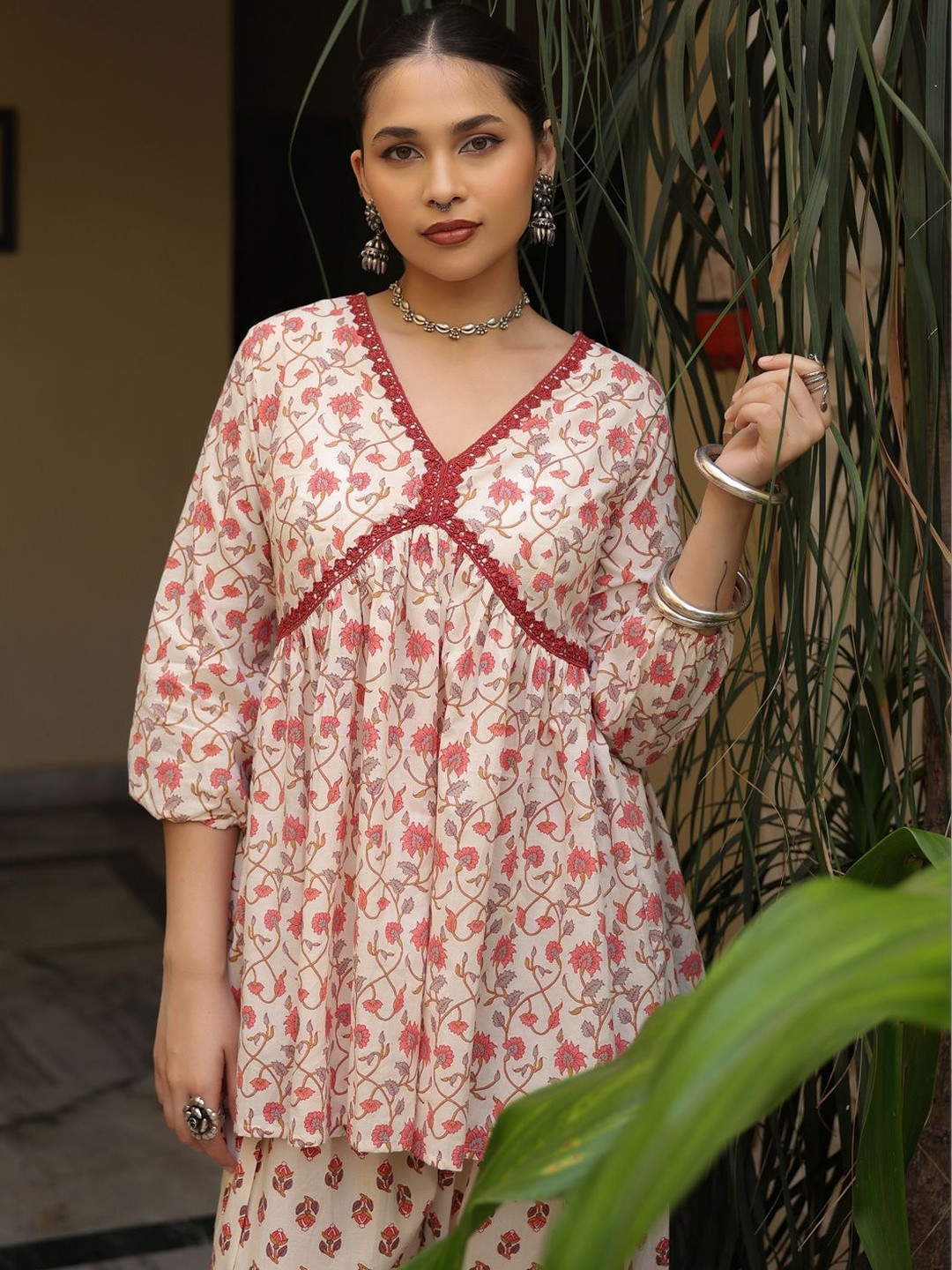 anayna Women Floral Printed Empire Pure Cotton Kurti with Palazzos