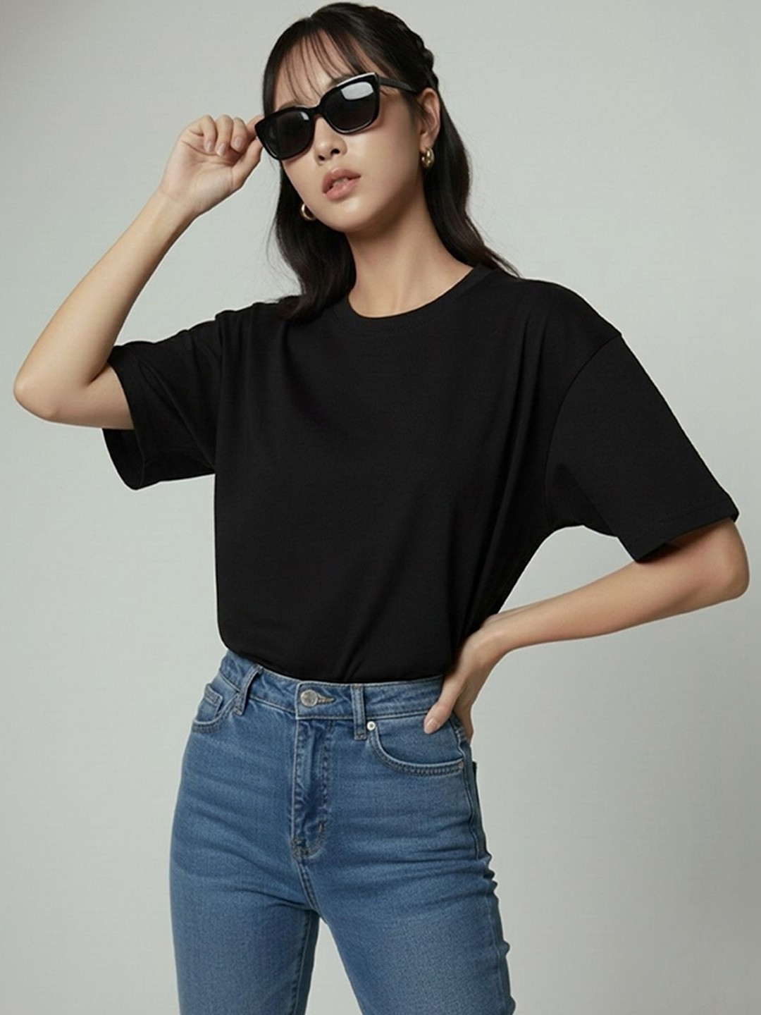COLORCART Women Plain Black Oversized T-shirt