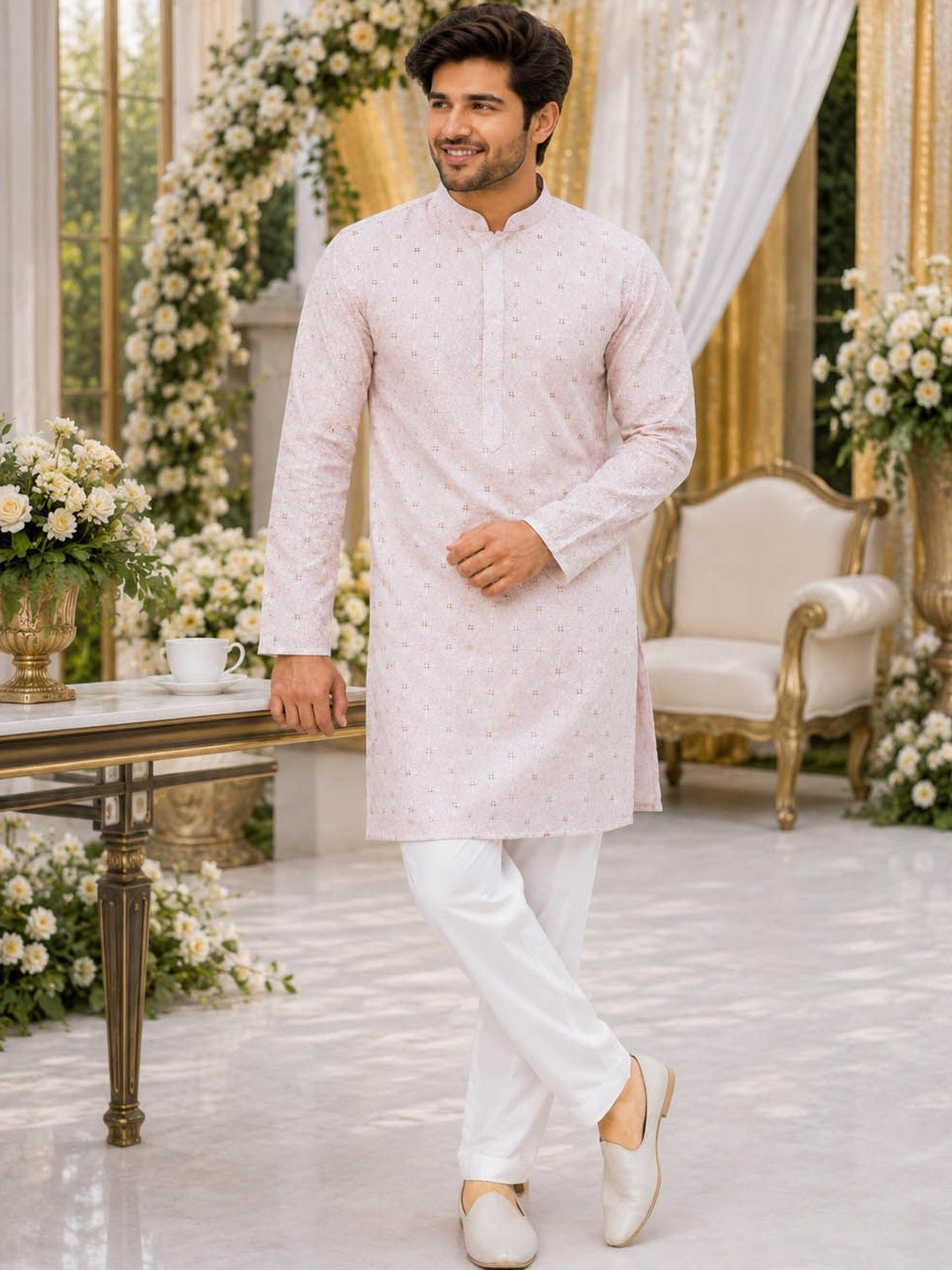 House of Pataudi Embroidered Mandarin Collar Straight Kurta