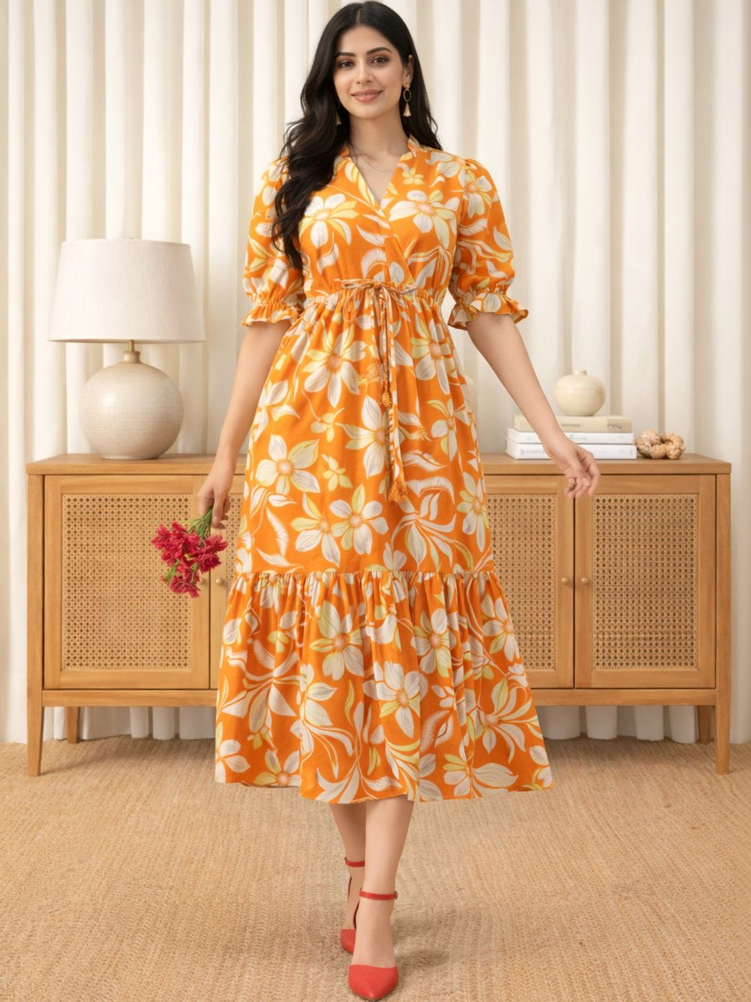 SZN Floral Print Puff Sleeve Crepe Midi Dress