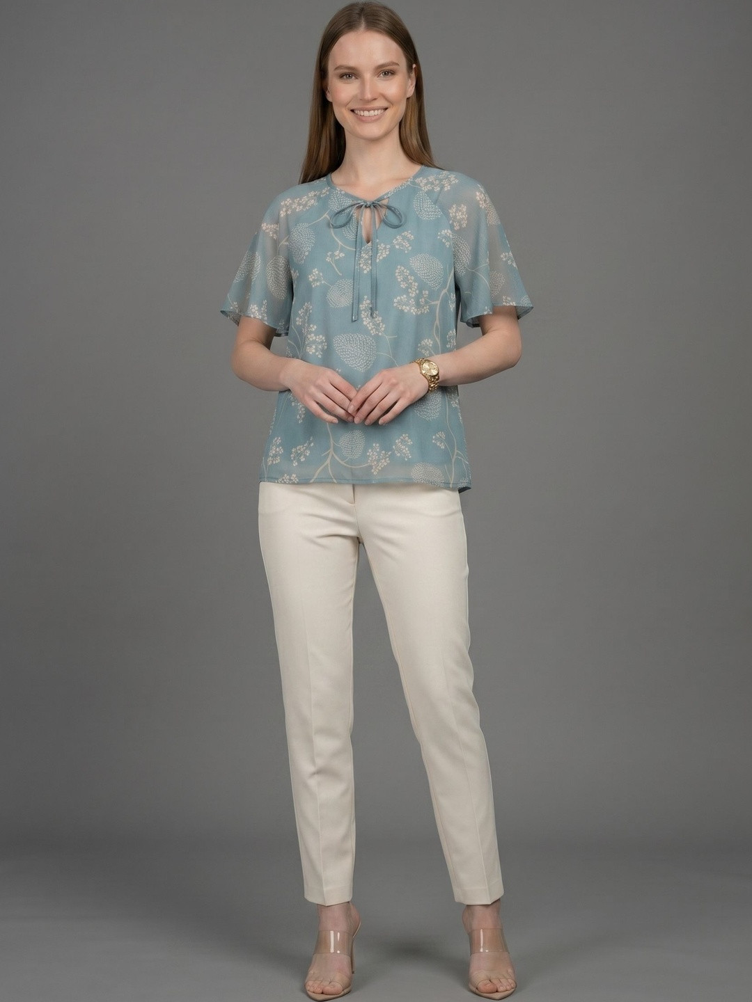 YURAA THE LABEL Floral Print Tie-Up Neck Flutter Sleeve Top