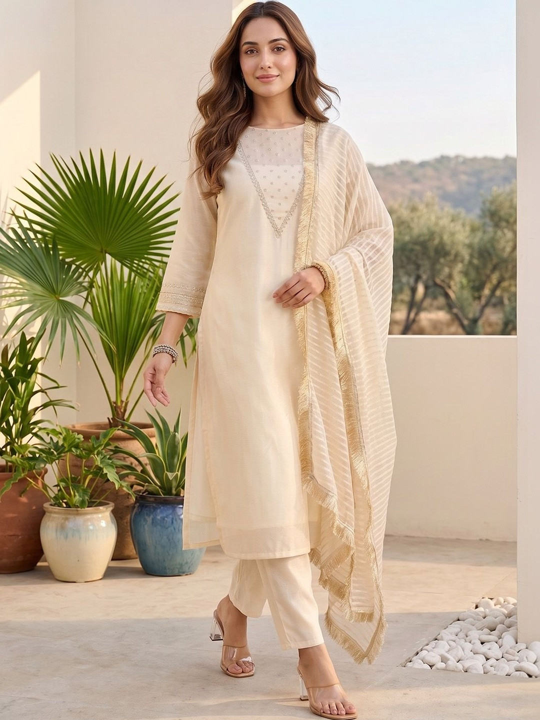 Varanga Women Ethnic Motifs Yoke Design Regular Thread Work Kurta with Trousers & With Dupatta