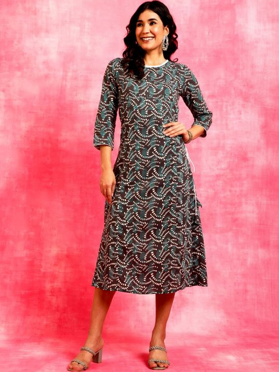 Sangria Printed Cotton Round Neck A-Line Knee Length Dress