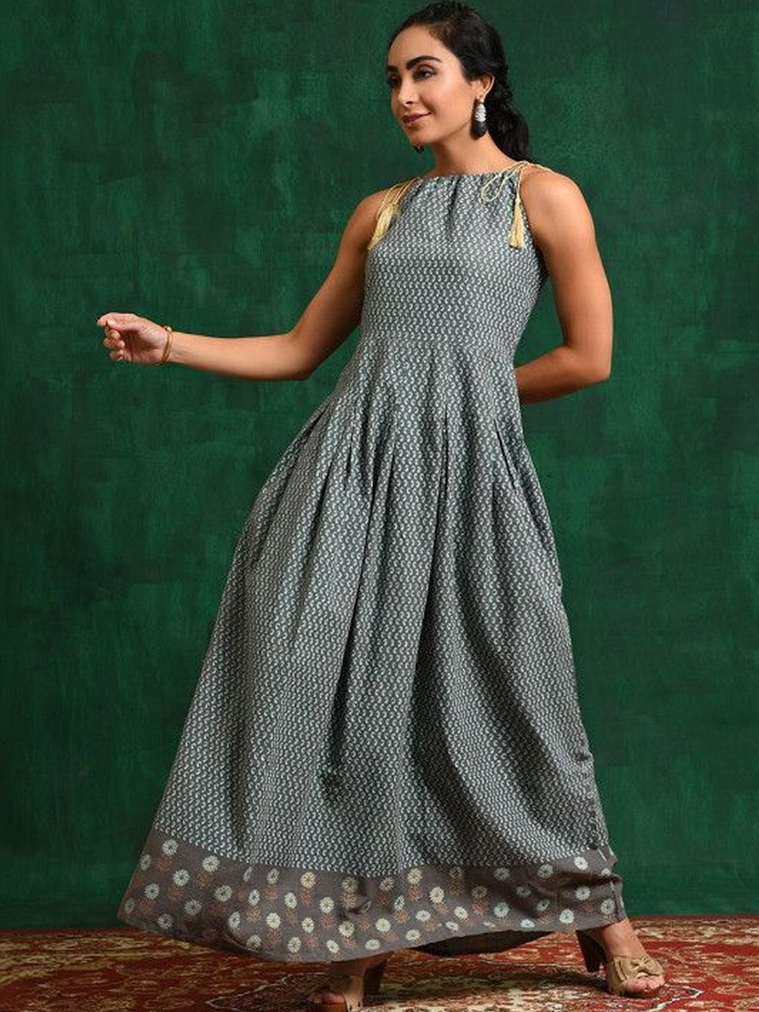 Sangria Printed Cotton Round Neck A-Line Maxi Dress
