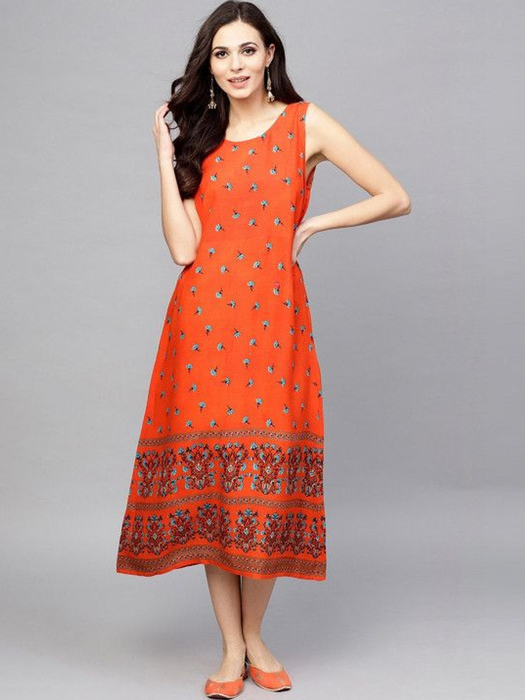Sangria Printed Viscose Rayon Round Neck A-Line Midi Dress