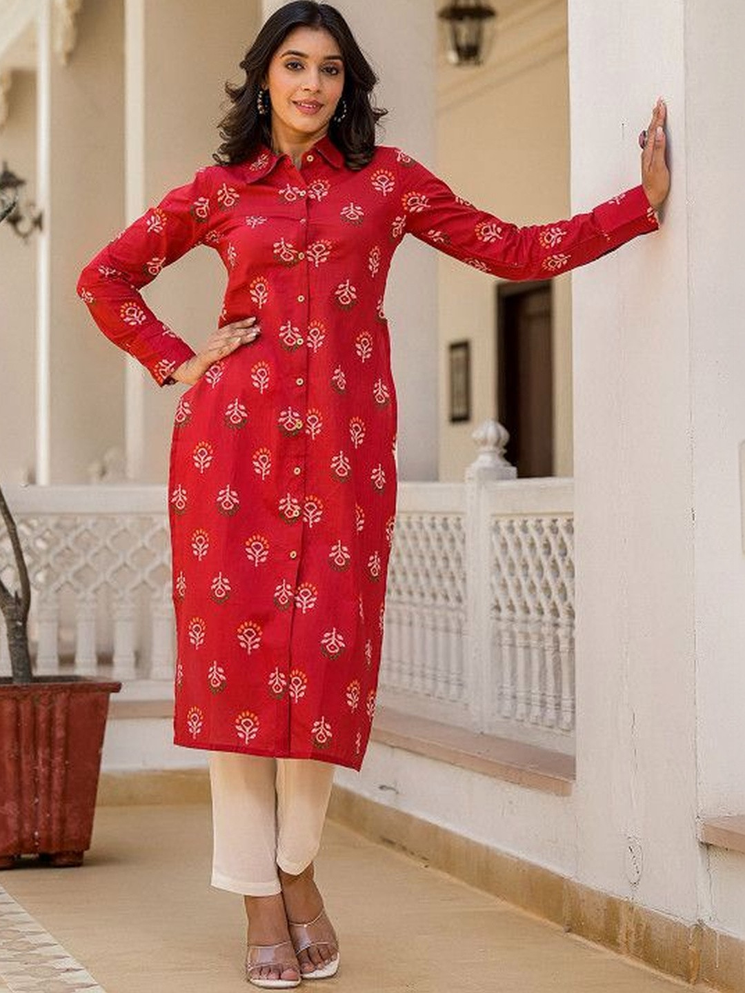 Sangria Printed Cotton Shirt Collar Calf Length Straight Kurta
