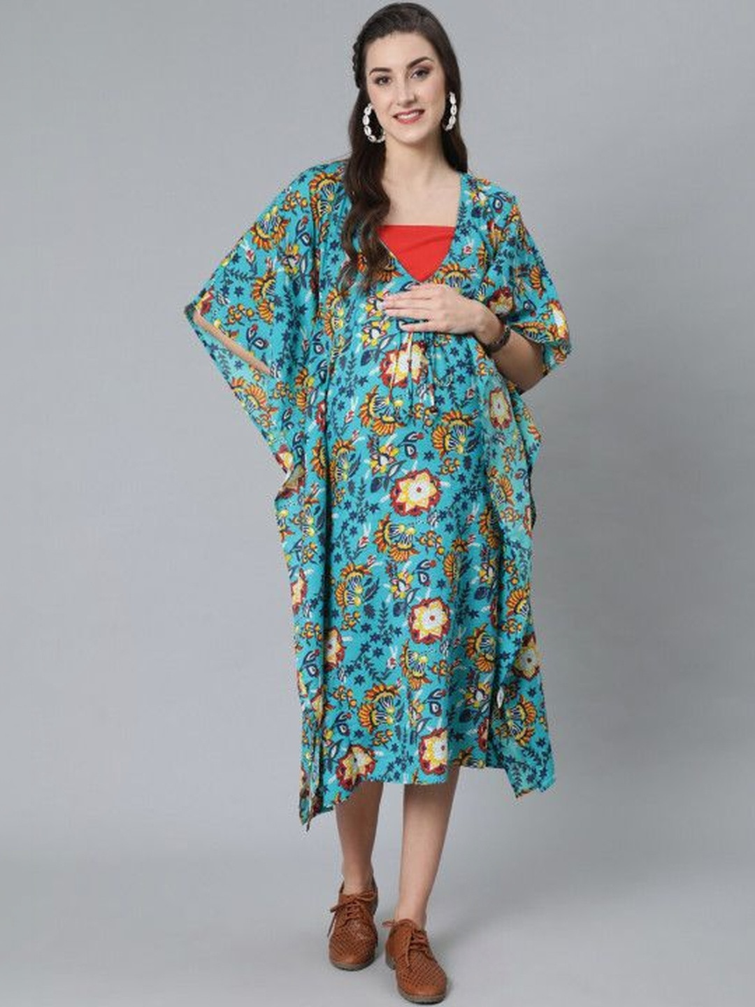 Sangria Printed Cotton V-Neck Kaftan Midi Dress