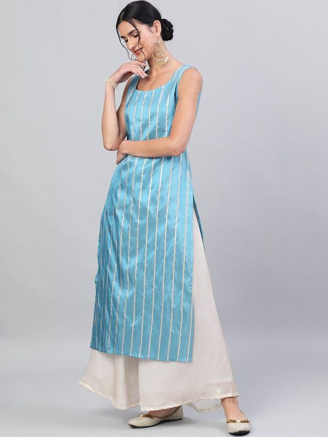 Sangria Striped Scoop Neck Calf Length Straight Kurta