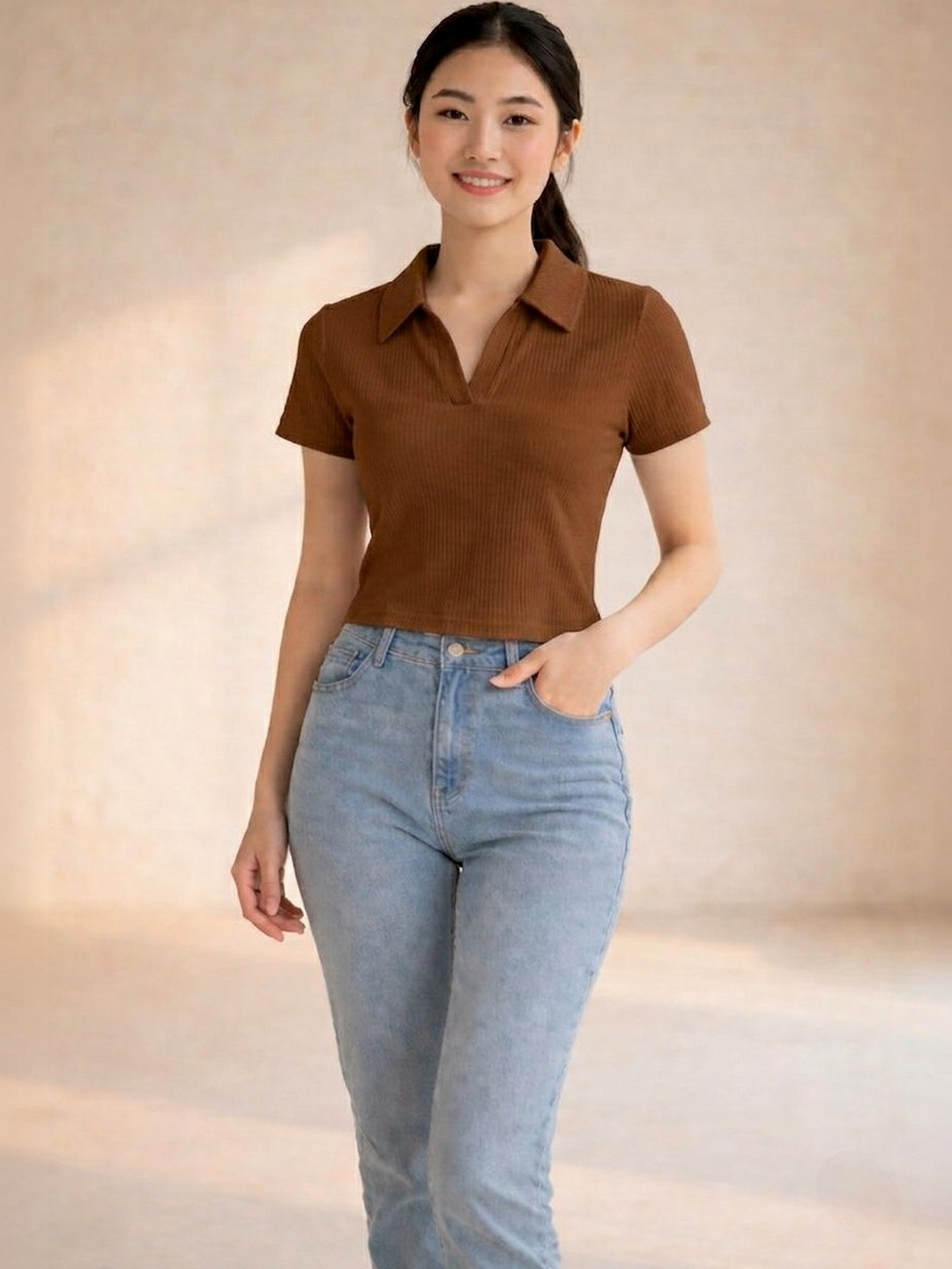 ZEROZABAR Casual Ribbed Crop Top with Shirt Collar