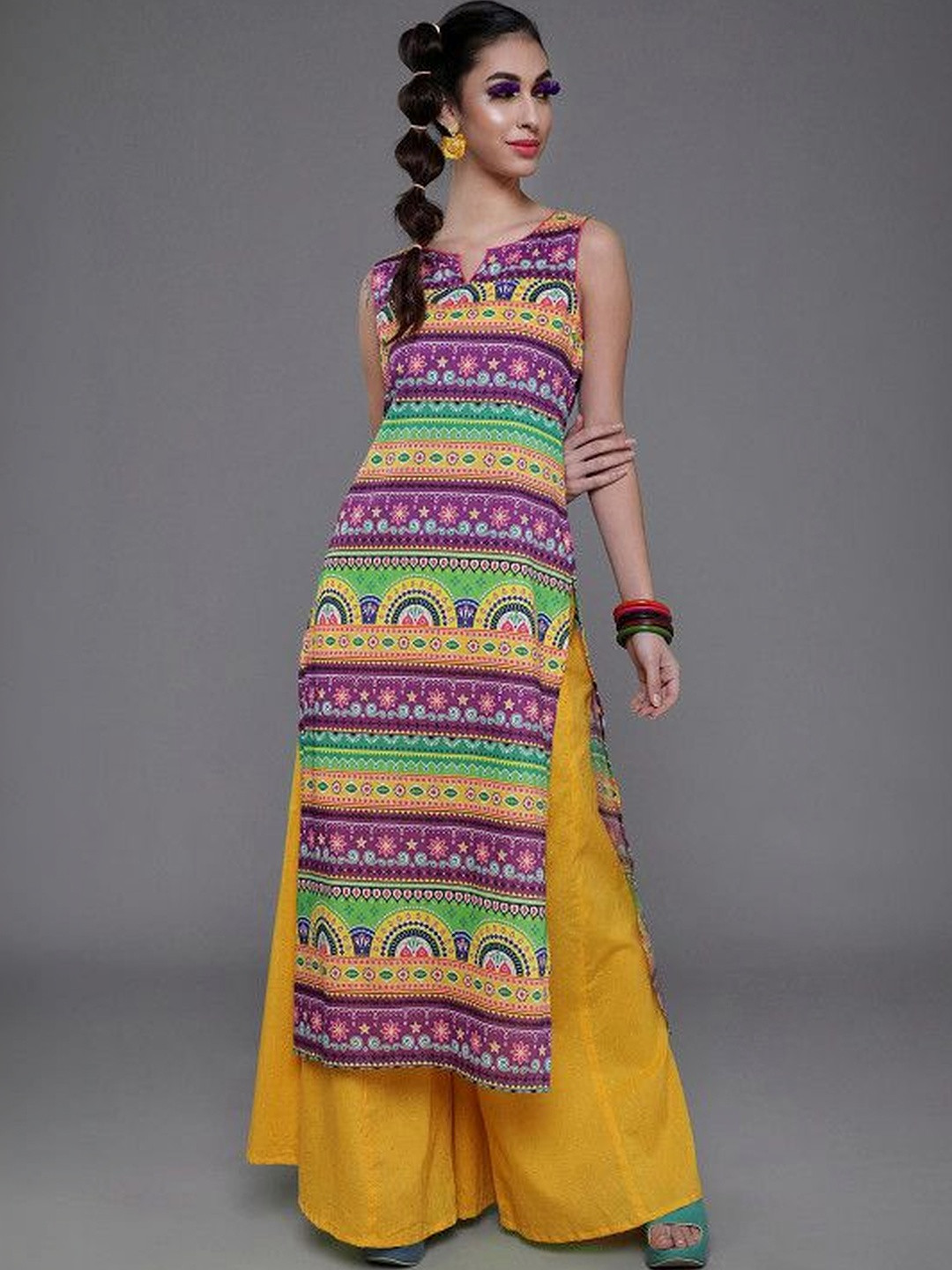 Sangria Printed Cotton Silk V-Neck Calf Length Straight Kurta