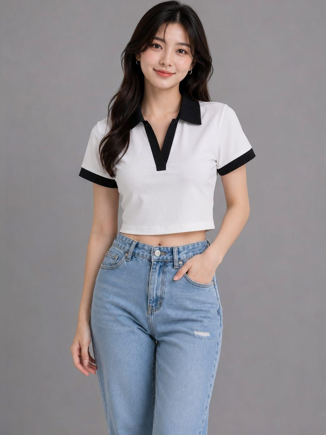 White Colourblocked Crop Top with Shirt Collar