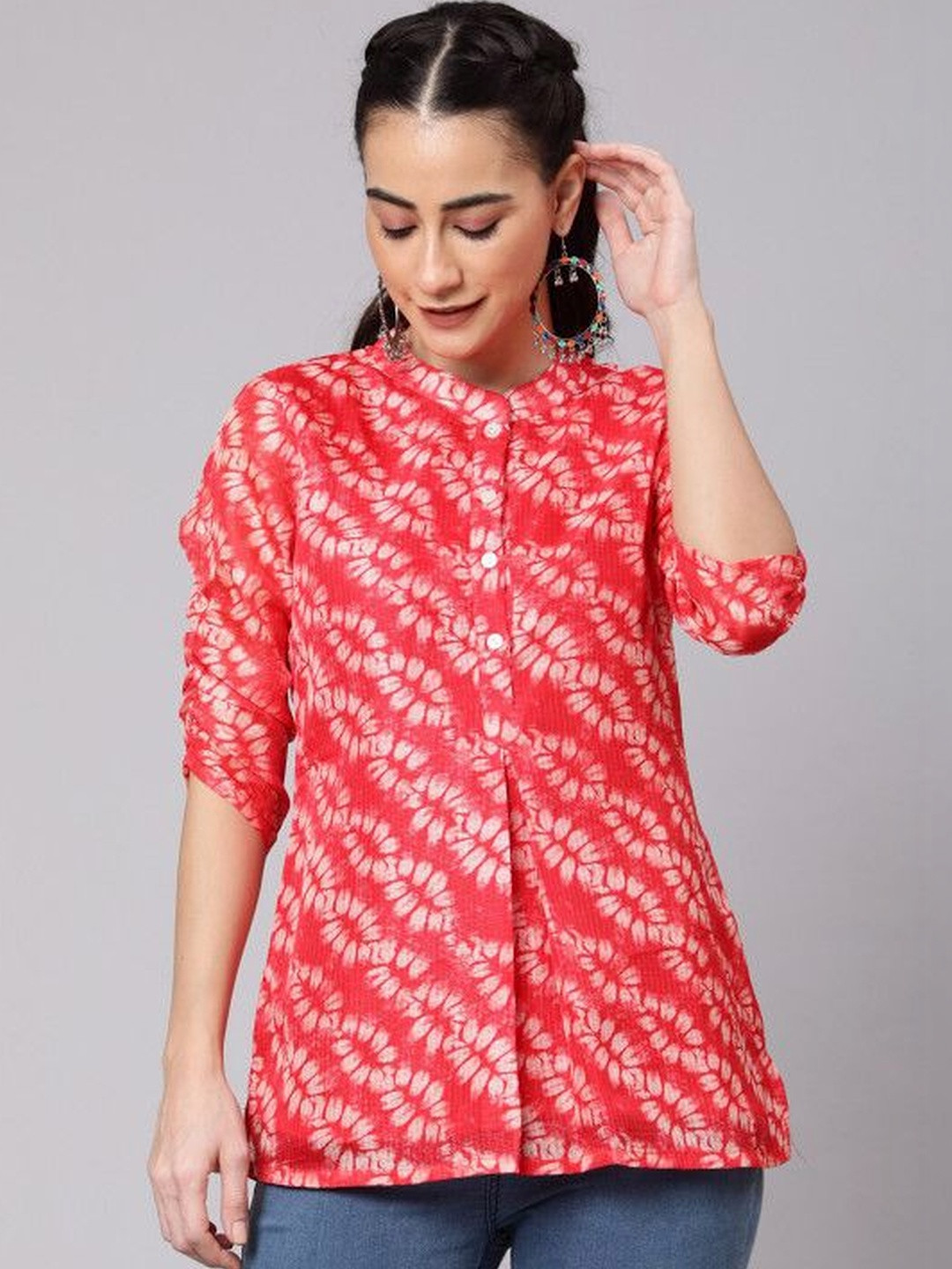Sangria Printed Mandarin Collar Shirt Style Top
