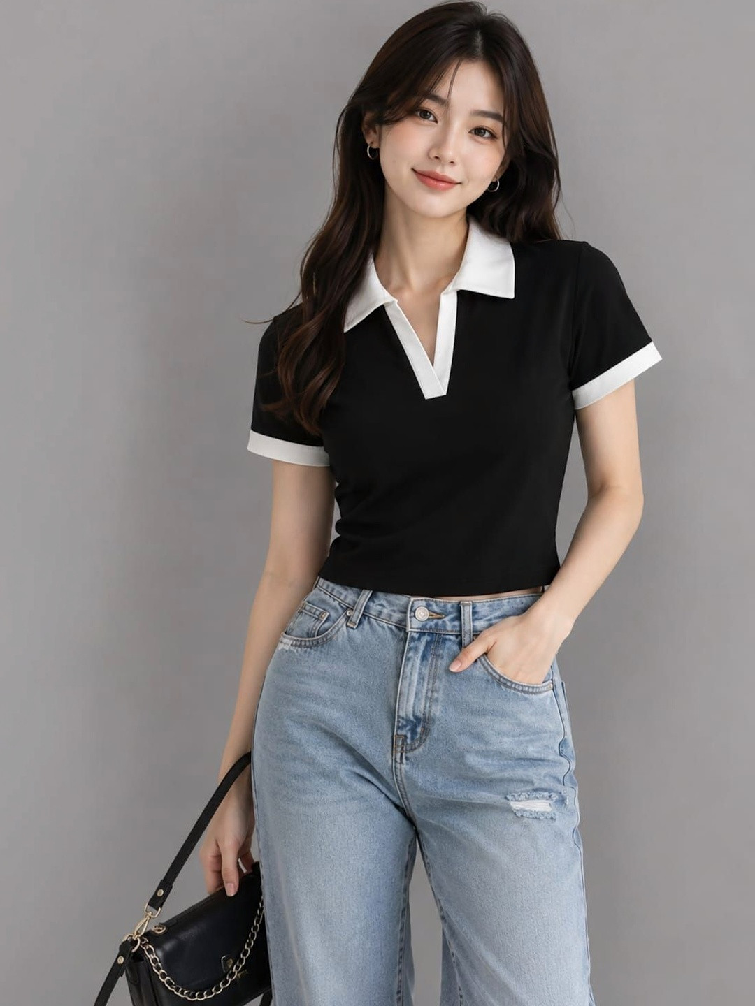 TRENDY ERA Black Crop Top with Shirt Collar