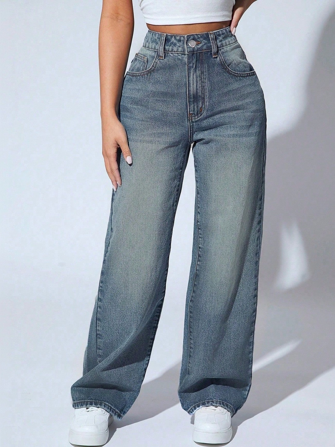PINKLIT Women Cotton Wide Leg High-Rise Light Fade Jeans