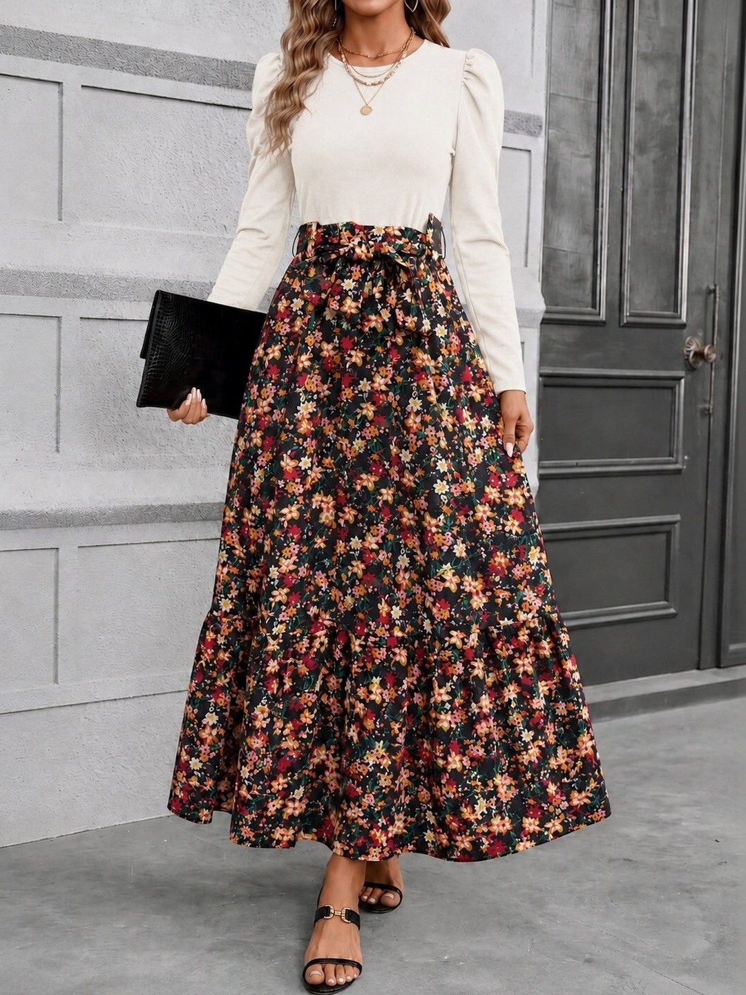 Archi Enterprise Floral Print Puff Sleeve Crepe Fit & Flare Maxi Dress