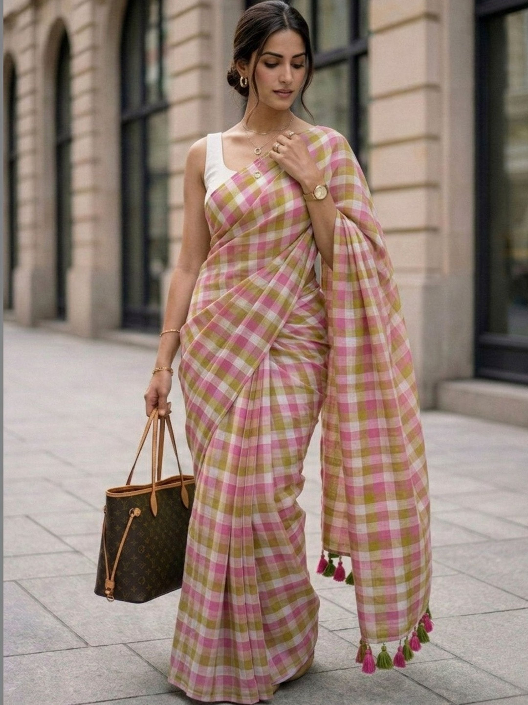 MAYIN India Women Pink Lime Gingham Checked Pure Mul Cotton Saree