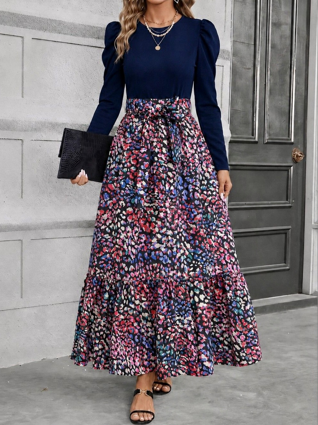 Archi Enterprise Floral Print Puff Sleeve Ruffled Crepe A-Line Maxi Dress