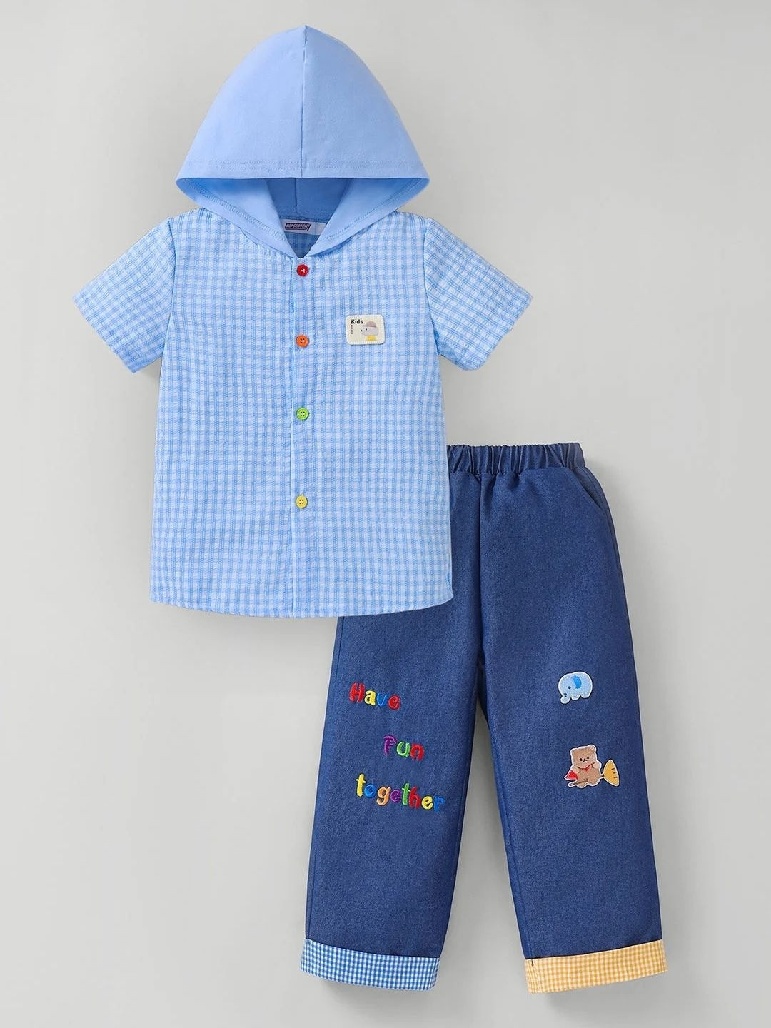 Hopscotch Animal Applique Checkered Pant Set