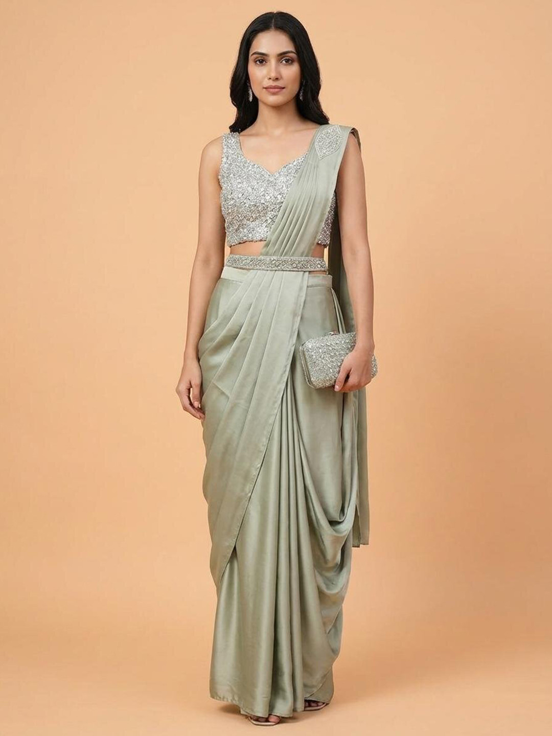 Owlsky Solid Ready-to-Wear Saree with Sequin Stitched Blouse Belt & Potli Bag
