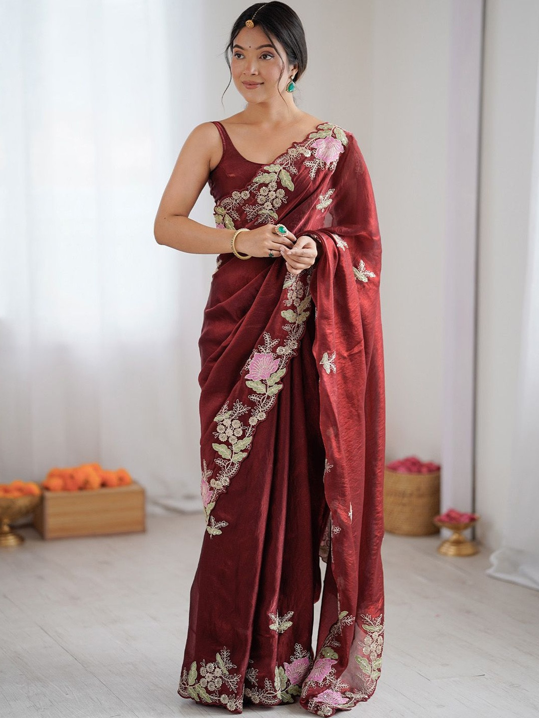 Saree mall Maroon Floral Embroidered Satin Heavy Work Sarees Unstiched Blouse