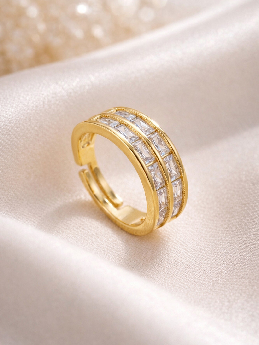 ARTKLIM Gold-Plated Stones Studded Baguette Cut Anti-Tarnish Adjustable Finger Ring