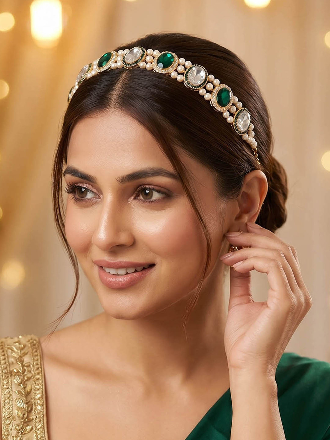Hair Drama Co. Women Gold-Plated Green Crystals & Pearls Embellished Mathapatti