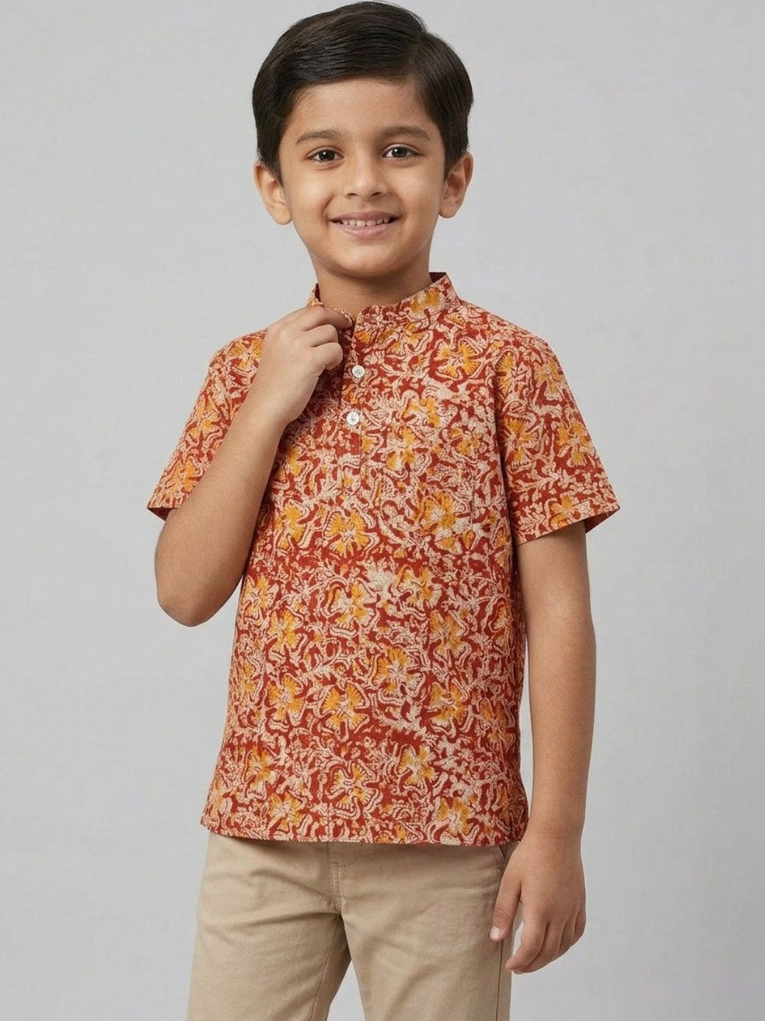 Biglilpeople Boys Ethnic Print Mandarin Collar Short Sleeves Shirt