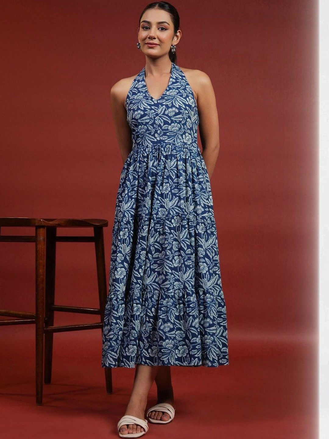 SKYDYEING Printed Halter Neck Cotton Fit and Flare Ethnic Dresses
