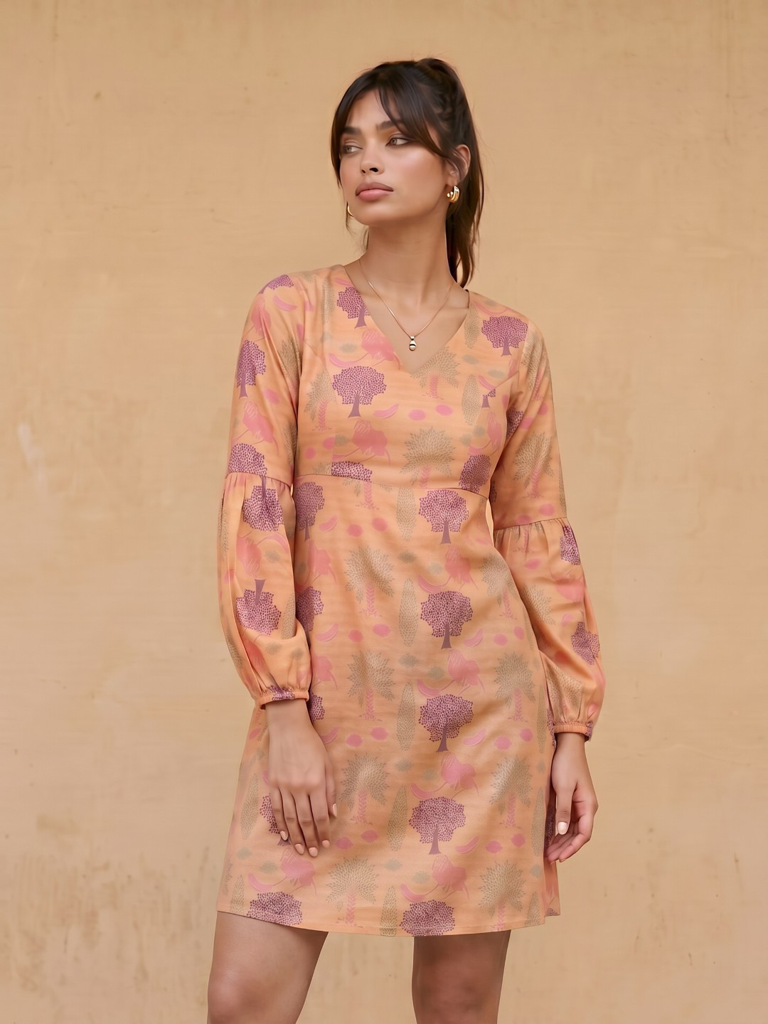 Beige and Green Ethnic Motif Styled Back A-Line Dress