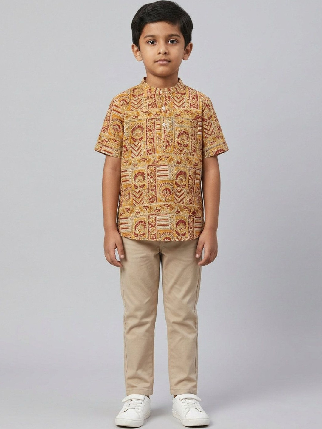 Biglilpeople Boys Ethnic Print Mandarin Collar Short Sleeves Shirt