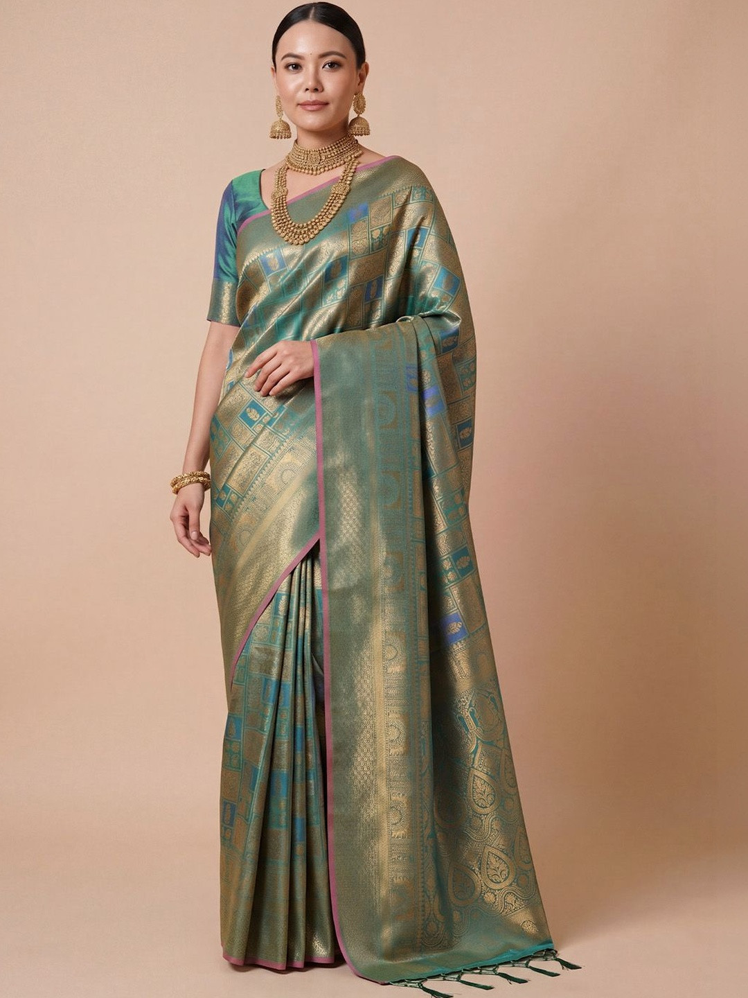 House of Pataudi Teal Kanjivaram Woven Design Sarees With Blouse Piece Unstiched Blouse