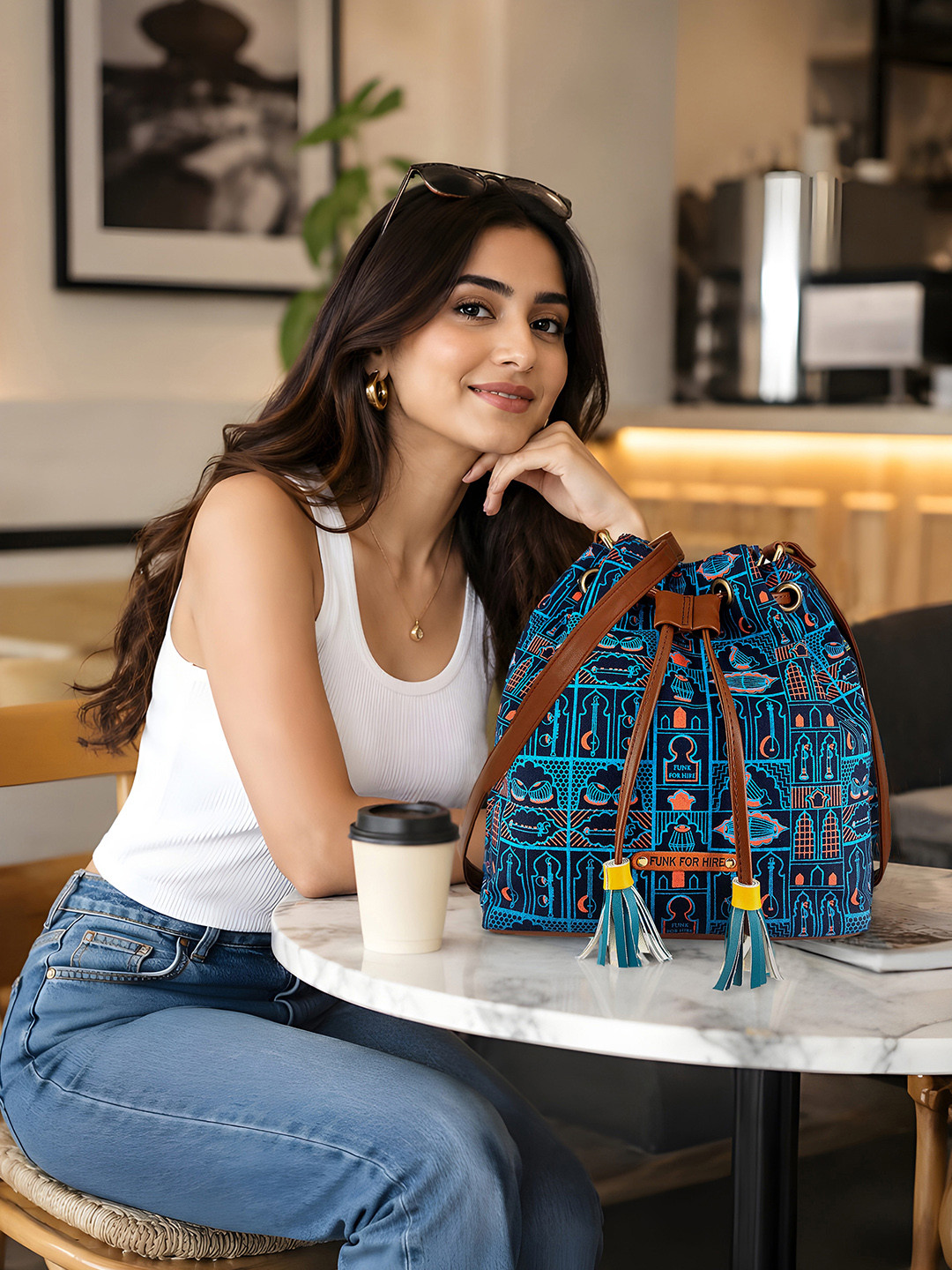 Funk For Hire Ethnic Motifs Printed Bucket Sling Bag with Tasselled