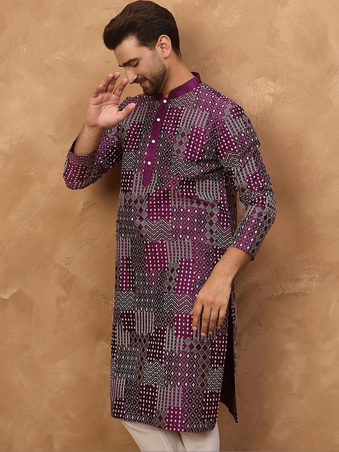 House of Pataudi Printed Mandarin Collar Kurta & Trousers