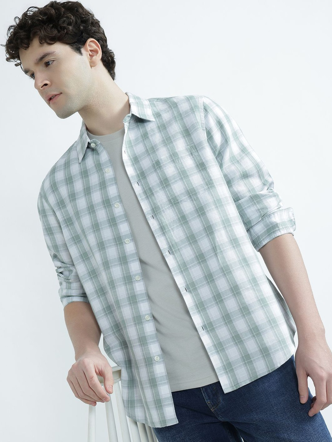 Marks & Spencer Checks Green Linen Men Regular Fit Shirt