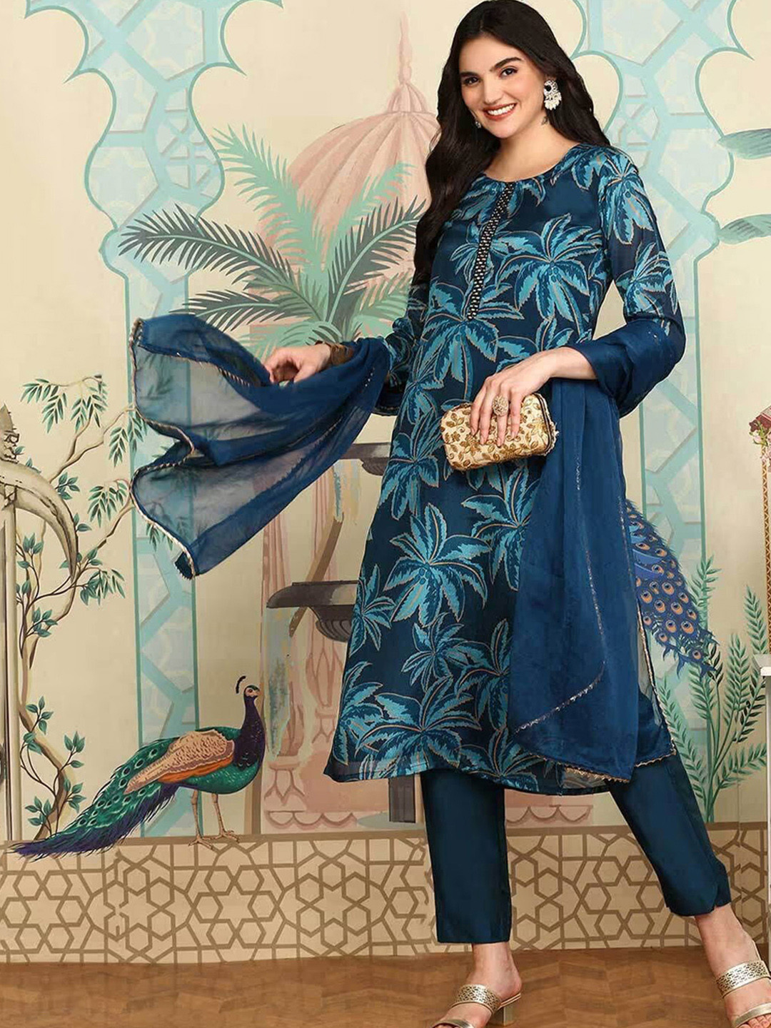 Ishin Navy Blue Floral Printed Beads And Stones Straight Kurta With Trousers & Dupatta