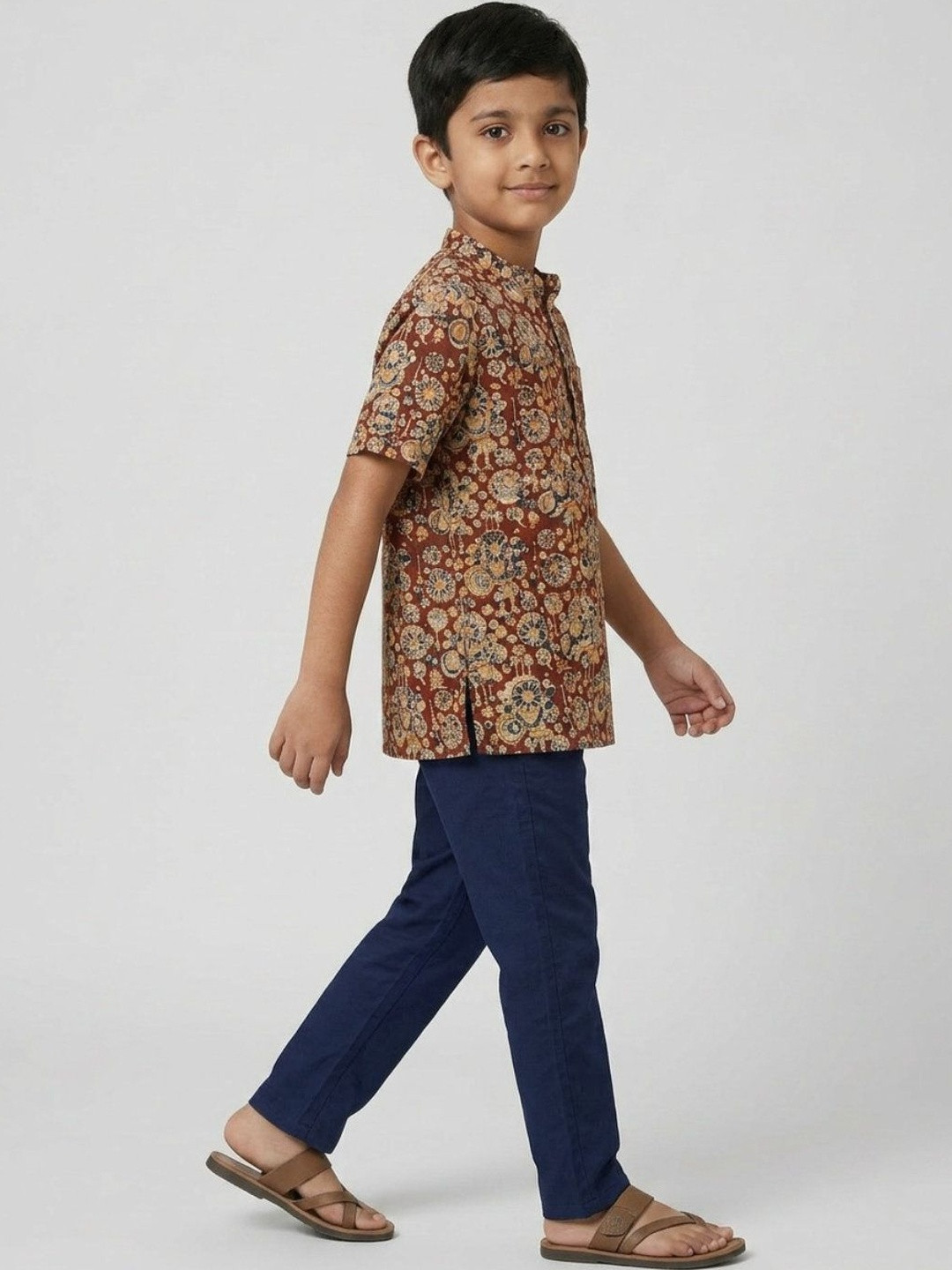 Biglilpeople Boys Ethnic Print Mandarin Collar Short Sleeves Shirt