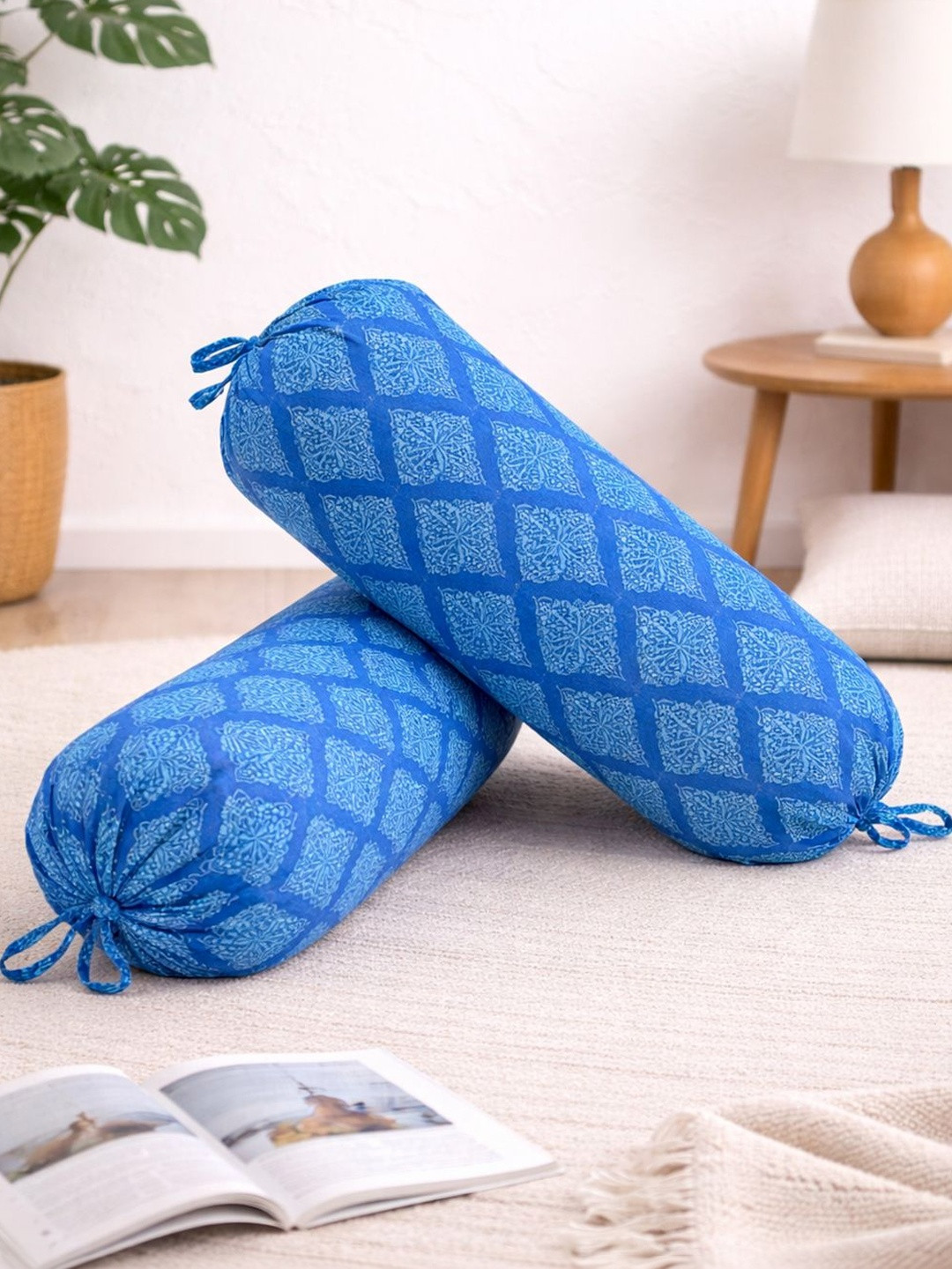 SWAYAM 2Pc Blue Printed Pure-Cotton Bolster Covers With Adjustable Drawstrings