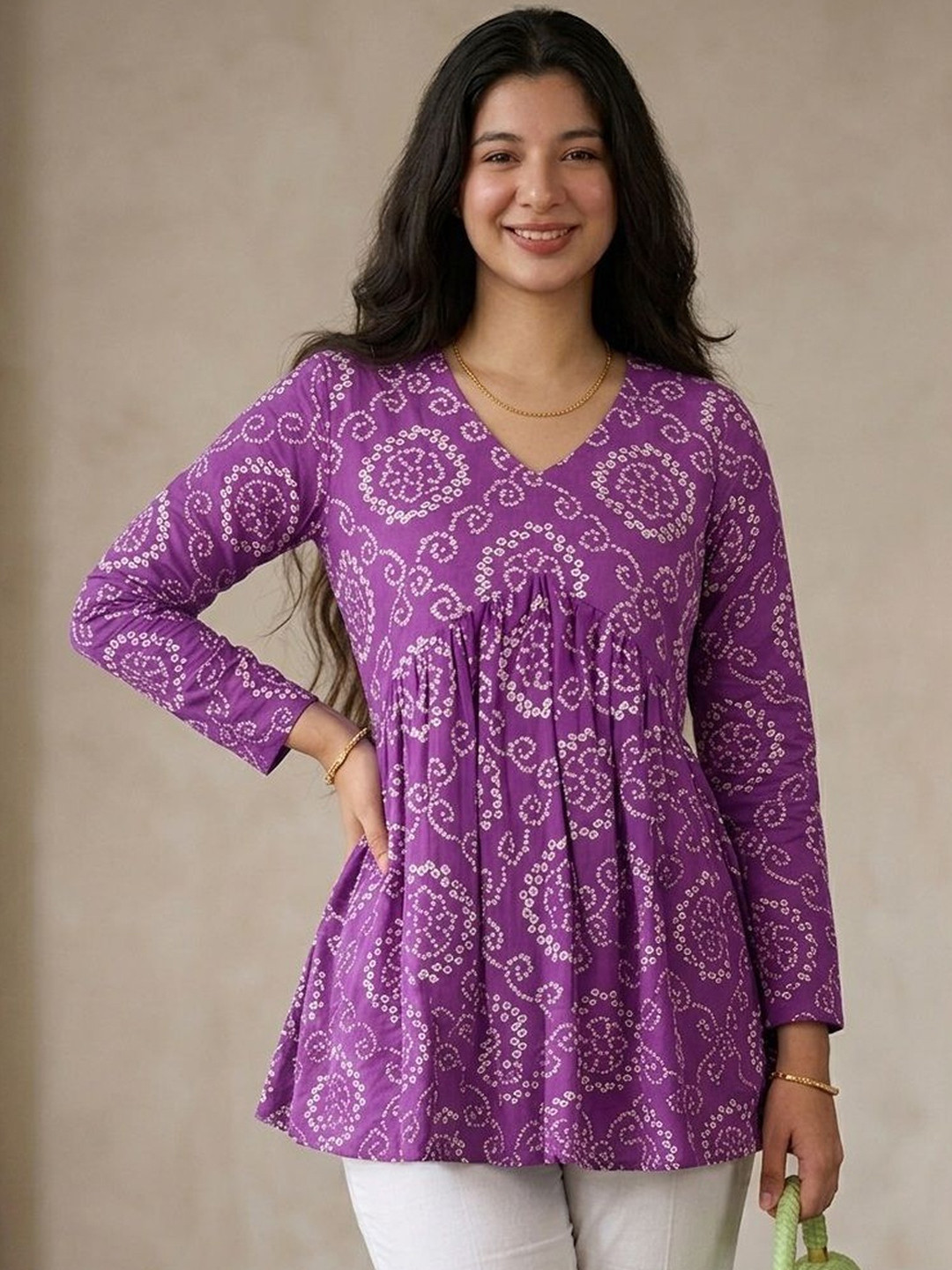 Vastrakaya Bandhani Printed V-Neck Pure Cotton Blend Panelled Kurti