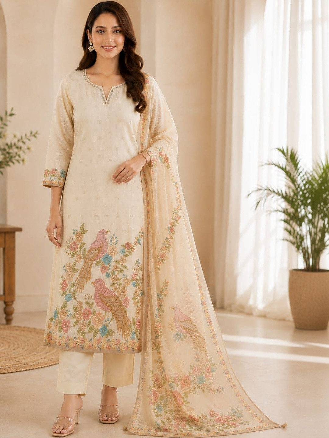 Hiti Creations Women Floral Embroidered Regular Thread Work Pure Cotton Kurta with Trousers & With Dupatta