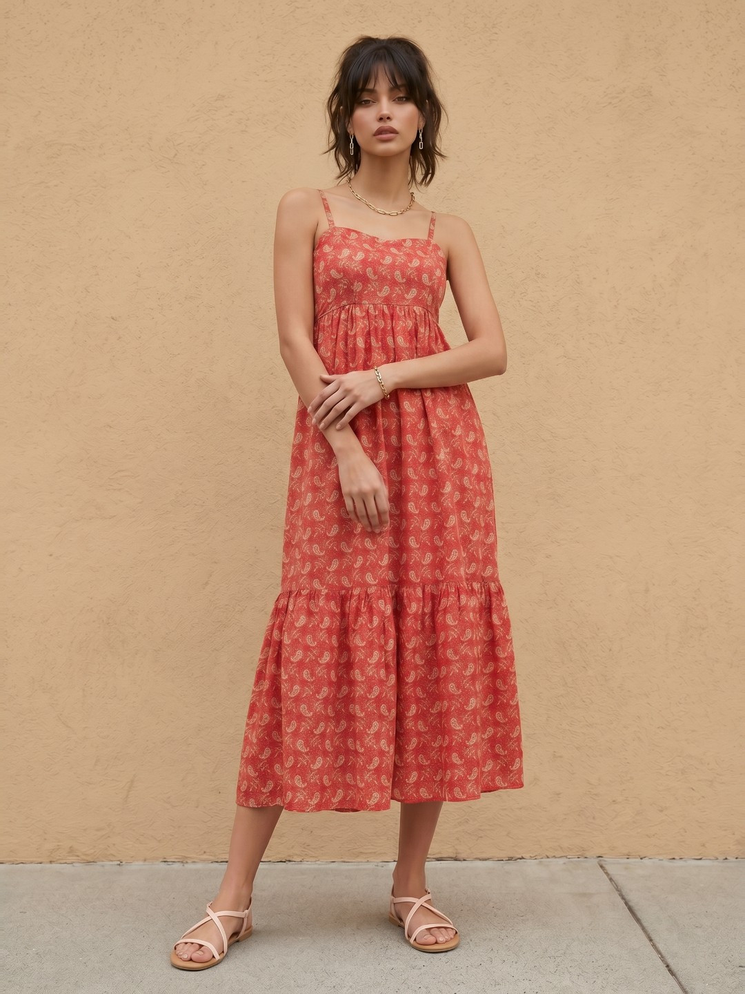Paisley Printed Sweetheart Neck Midi Tiered Dress