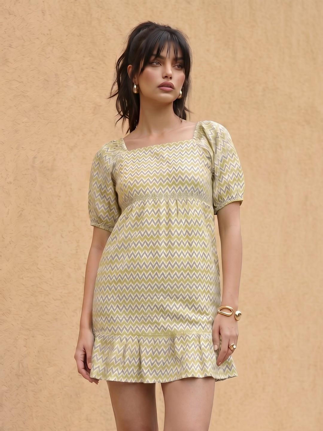 fusion by glitchez Geometric Print Puff Sleeve A-Line Dress