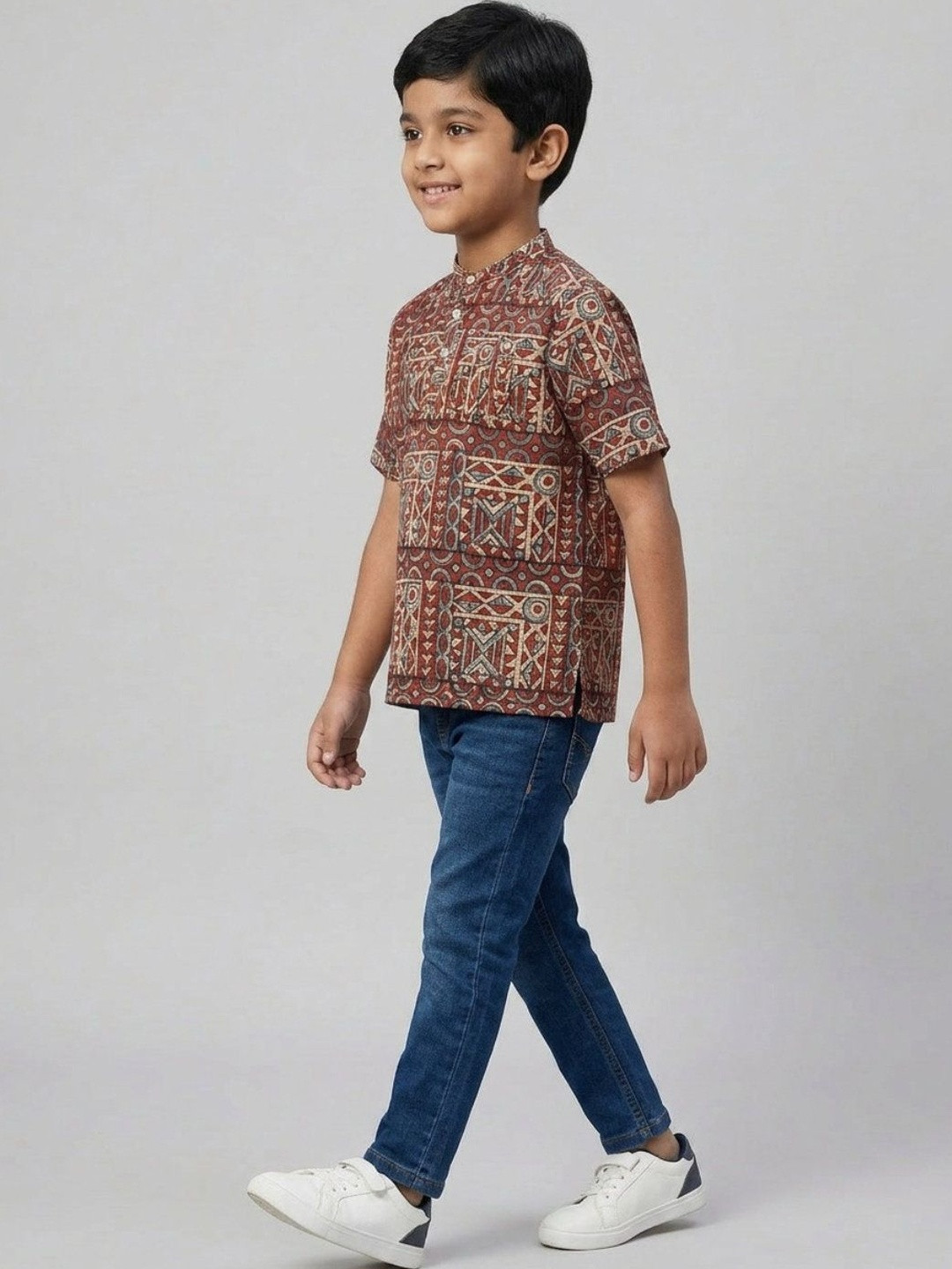 Biglilpeople Boys Ethnic Print Mandarin Collar Short Sleeves Shirt