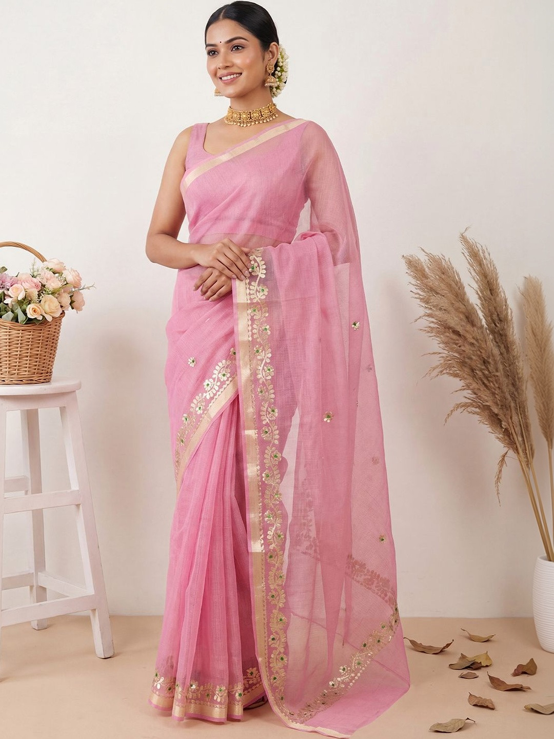 SOURAGYA Pink Embellished Mirror Work Designer Saree Unstiched Blouse