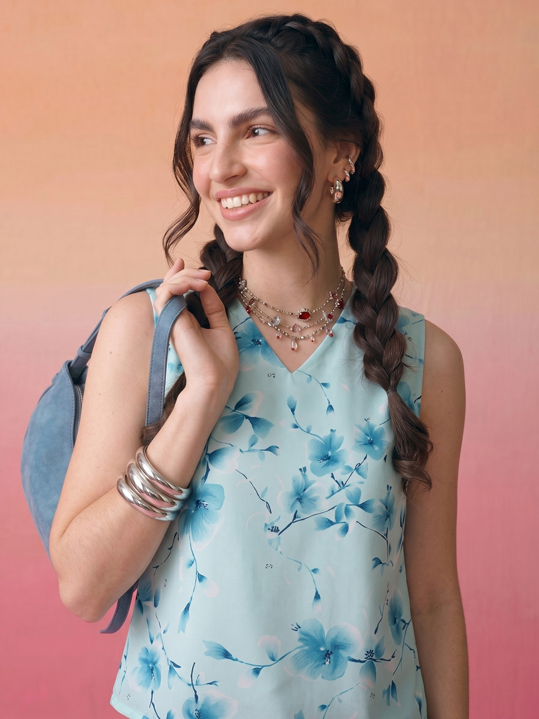 ZACCAI Sky Blue Floral Printed Top