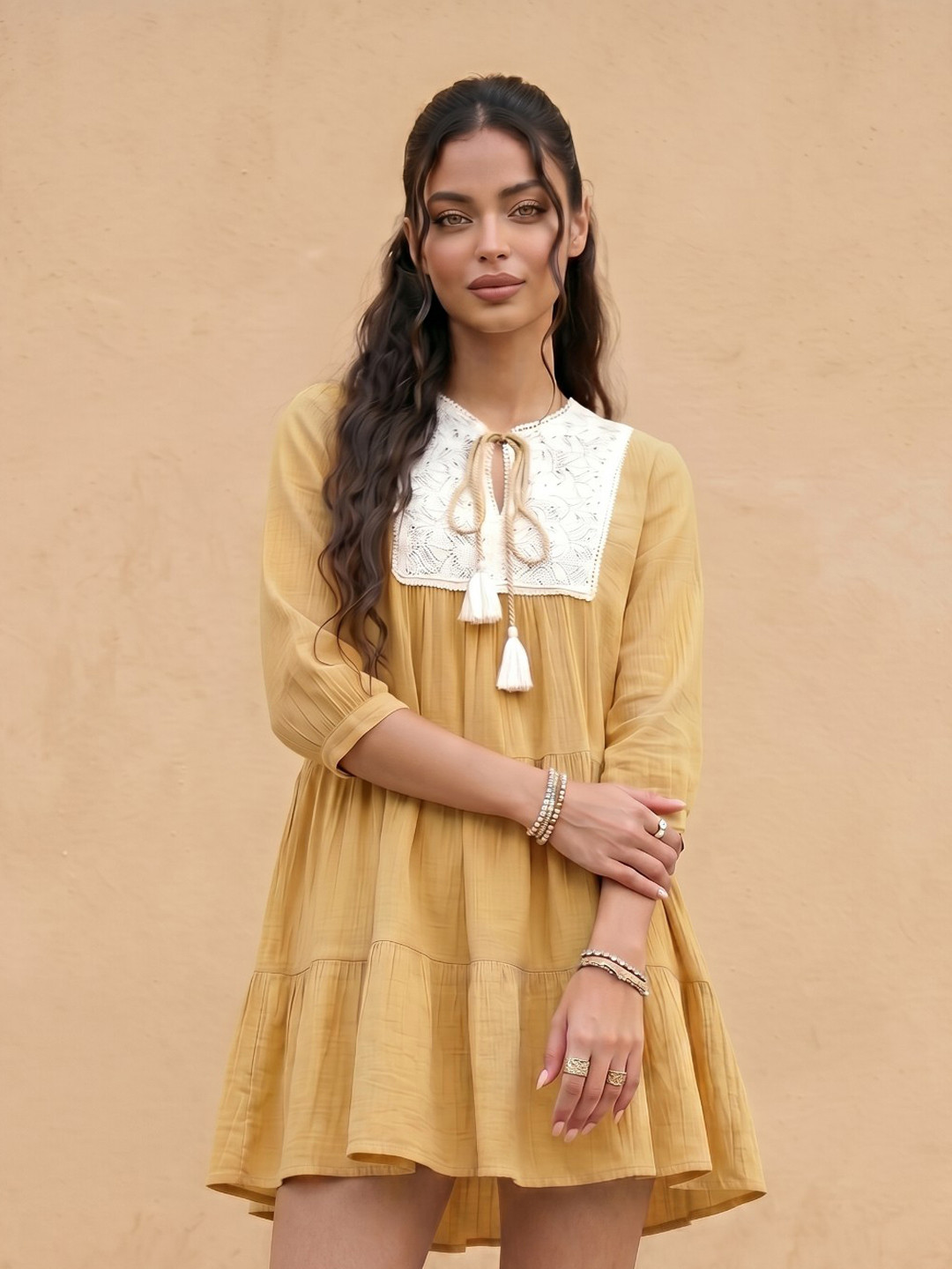 Khaki Floral Lace Detail Tiered Dress