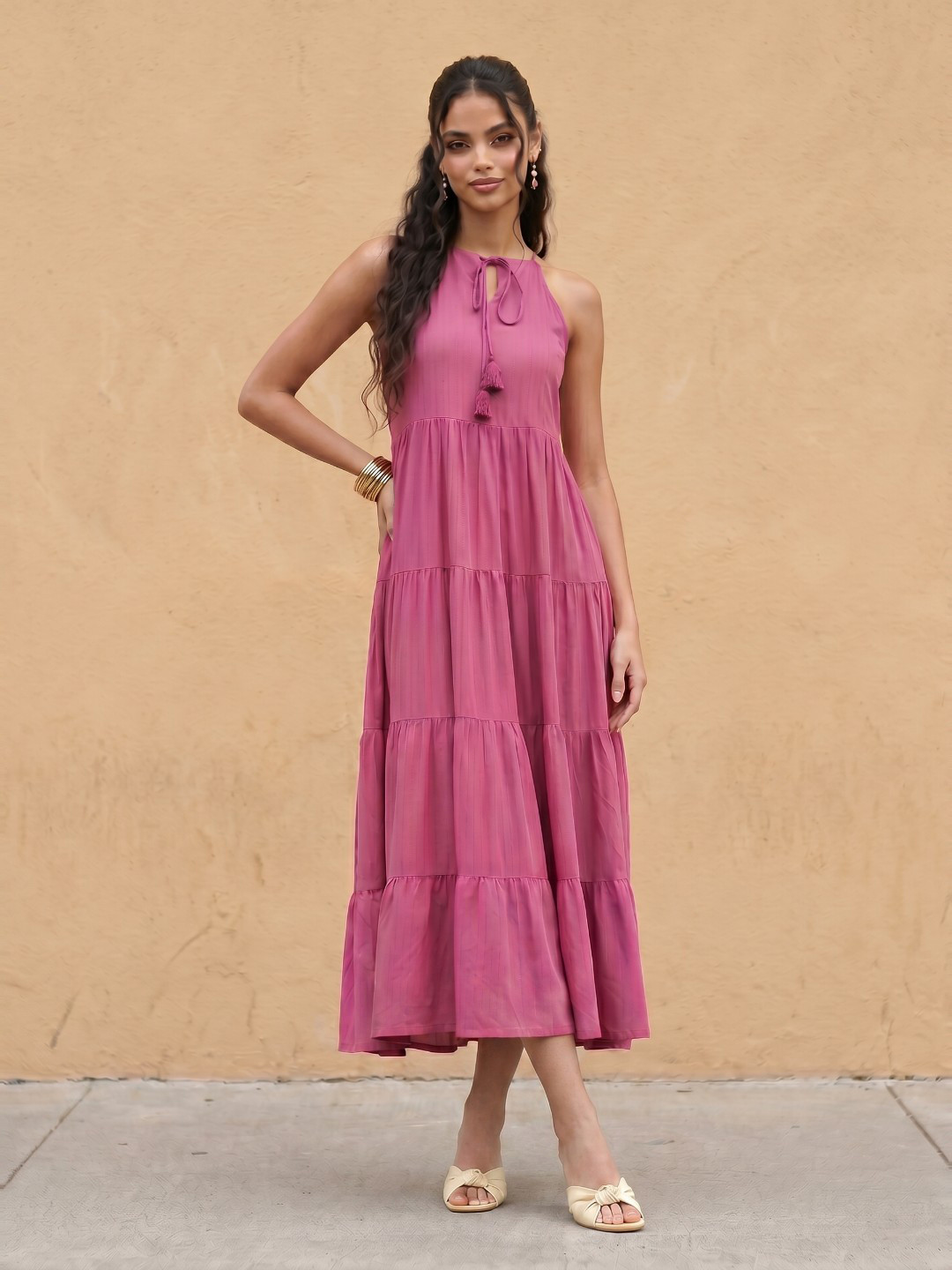 Purple Solid Sleeveless Tiered A-Line Midi Dress
