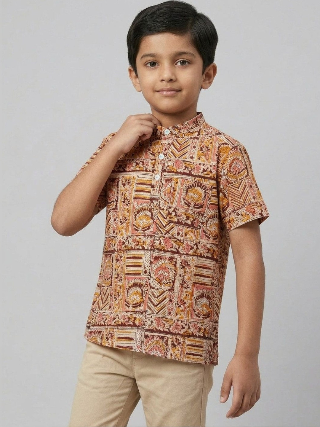 Biglilpeople Boys Ethnic Print Mandarin Collar Short Sleeves Shirt